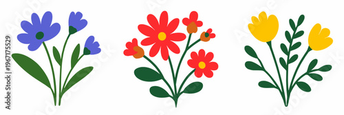 Mini floral trio in a folk inspired flat style with blue, red, and yellow accents. Decorative botanical collection for spring stationery, stickers, crafts, and playful surface design.