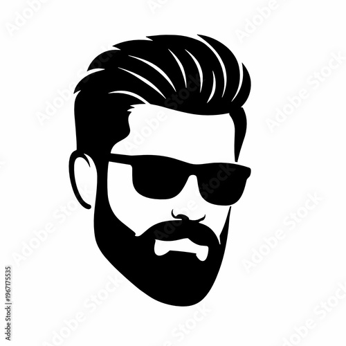 Black silhouette portrait of a bearded man wearing sunglasses with styled hair. Trendy barber and masculine fashion concept for avatar, logo, profile or salon branding.
