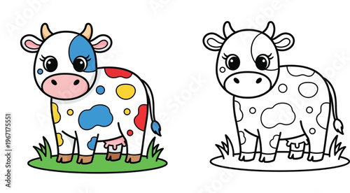 Cute Colorful Cartoon Cow Character Illustration and Black and White Line Art Version for Kids Coloring Book Page, Farm Animal Vector Graphics Isolated on White Background