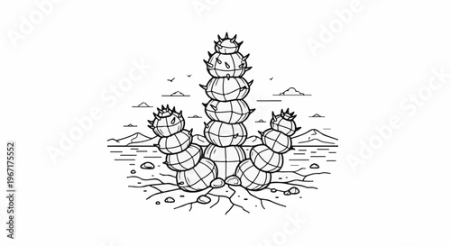 Surreal desert landscape with a stacked, spiky plant-like formation