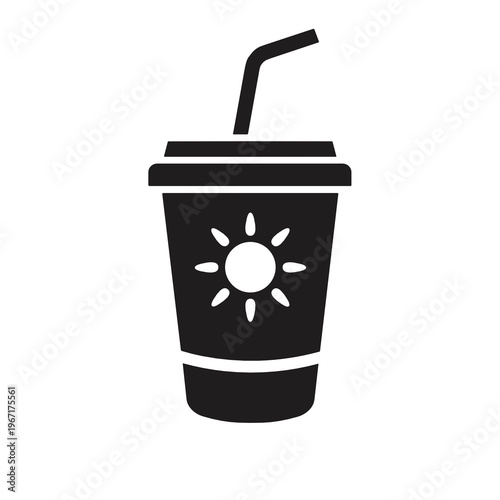 Black takeaway cup with straw and sun symbol in flat vector style. Beverage icon for coffee shop, juice bar, summer drink menu, delivery app or fast food branding.