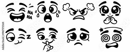 Black outline set of funny face parts and emotions for character customization. Expressive eyes, brows and mouths suit stickers, emojis, avatars, games and kids design.