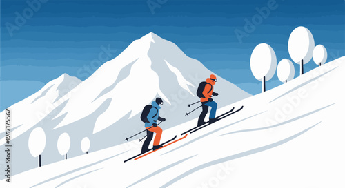 Two skiers ascend a snow-covered mountain with trees in background