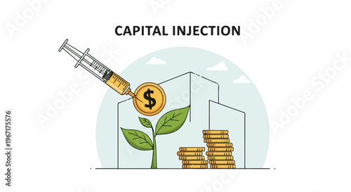Syringe injects money into growing plant within building structure