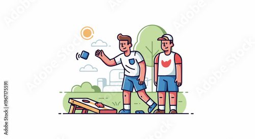 Two young men play a bean bag toss game outdoors on a sunny day