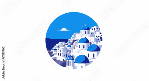 White buildings with blue domes on a hillside under a blue sky