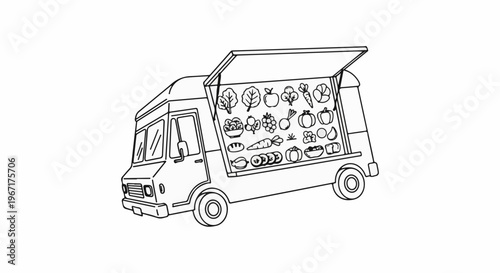 A line art drawing of a food truck stocked with various fruits and vegetables