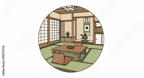 Traditional interior with tatami, low table, floor cushions, and sliding doors