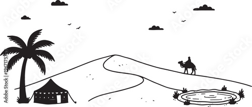 black and white desert landscape with palm tree and camel rider