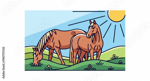 Two brown horses graze in a sunny, rolling green pasture with flowers