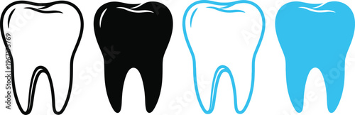 Tooth icons in different styles: outline, silhouette, and blue, four graphic