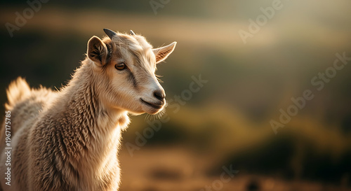 A Close-Up Portrait of a Young Goat in the Warm Glow of Golden Hour Sunlight