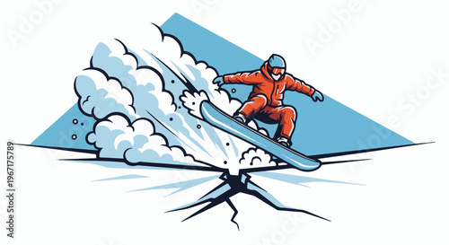 A snowboarder mid-air jumps over a cracked icy surface amidst snow spray