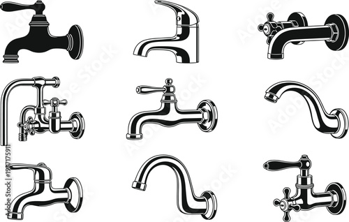 Modern faucet designs collection with traditional cross handles lever handles curved spouts wall mounted sink tap plumbing fixtures vector illustration artwork