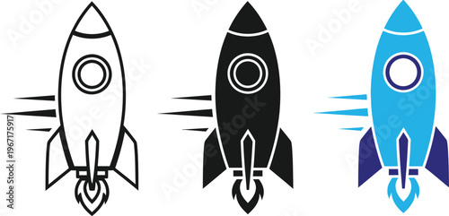 Three rocket ship icons in outline, silhouette, and color, a visual representation