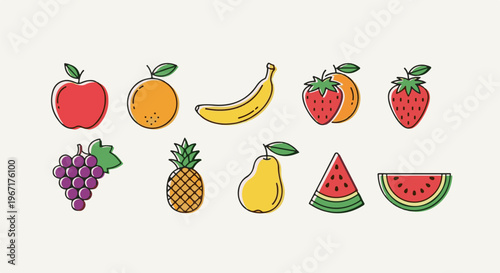 A cheerful collection of colorful, simply drawn fruits on a neutral background