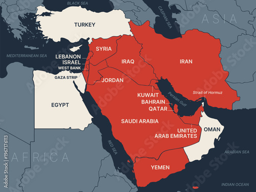 Iran war. Political middle east asia map, infographic. Detailed middle east arab asia map territory, regional nations. Global asia map middle east borders. Iran, Israel, USA war. Vector Illustration