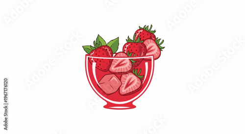 A refreshing strawberry drink with ice and fruit slices in a clear bowl