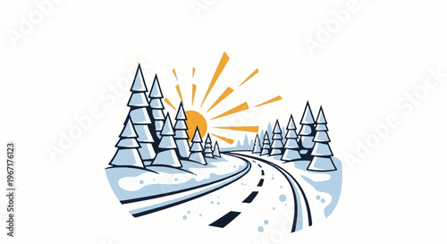 Winter road through snowy trees with a bright, radiant sun