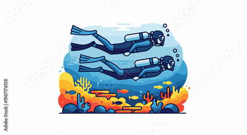 Two divers exploring a colorful coral reef with small fish