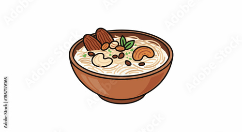 A cartoon bowl of vermicelli pudding with nuts and dates