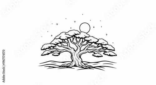 Stylized tree under a moon and stars in a minimalist line drawing