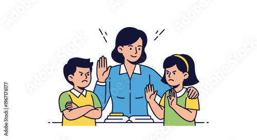 A mediator helps two unhappy children resolve a dispute