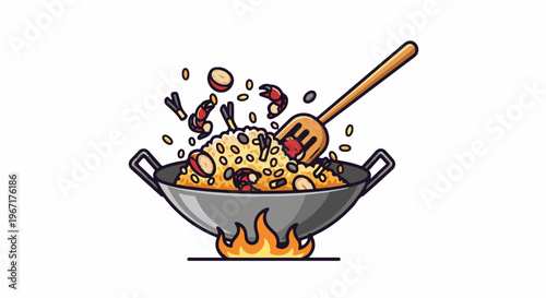 Vibrant wok cooking with rice, shrimp, and assorted ingredients in a stylized illustration