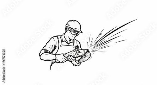 A man wearing safety gear operates an angle grinder, creating sparks