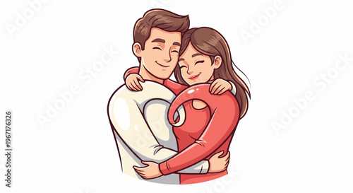 A loving couple embraces tightly, eyes closed, in a tender, stylized illustration