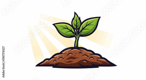 Young green sprout emerges from soil, bathed in sunlight rays