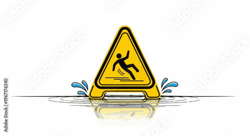 Yellow triangle sign depicts a person slipping on a wet floor with splashes