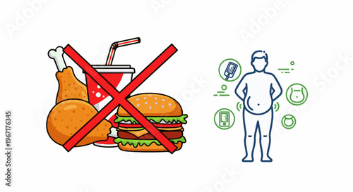 Unhealthy food crossed out, overweight person with health icons