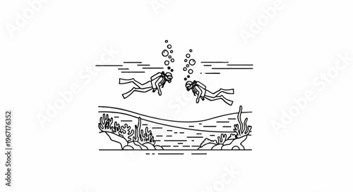 Two scuba divers swim towards each other amidst coral reefs and bubbles