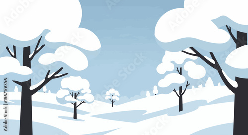 Stylized winter landscape with snow-covered trees against a pale blue sky