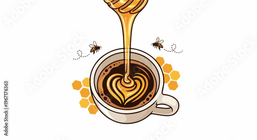 A honey dipper pours golden honey into a coffee cup with latte art