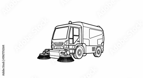A line drawing of a street sweeping vehicle with spinning brushes