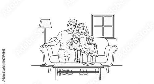 A happy family of four sits on a couch in front of a window with a lamp nearby