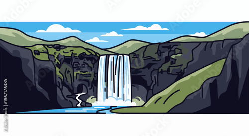 Wide cascading waterfall plunging into a blue river between rocky cliffs