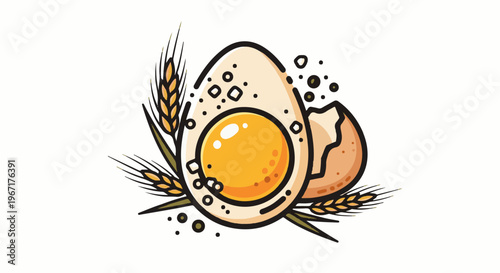 A halved egg with a bright yolk next to wheat stalks and shell