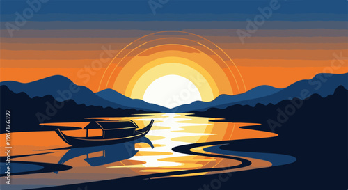 Sunset over water with a lone boat, mountains in background
