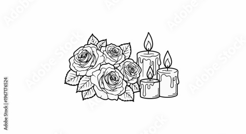 A delicate black and white illustration of roses and lit candles