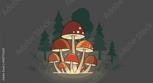 A cluster of mushrooms glows with light in a dark forest setting