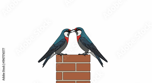 Two swallows with red throats perch on a brick structure, facing each other