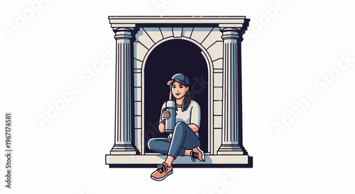 Woman in cap sits in archway with drink