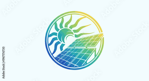 A circular logo depicting a sun and solar panels in gradient colors