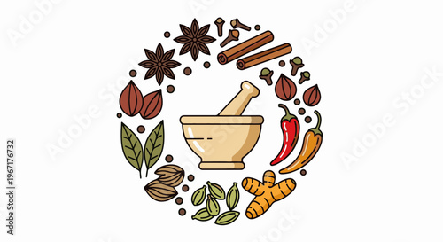 A circular arrangement of spices and a mortar and pestle, illustrating culinary ingredients