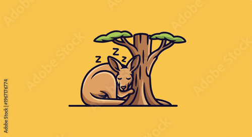 A cartoon kangaroo sleeps peacefully under a tree on a yellow background