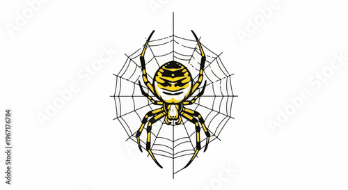 A black and yellow spider is suspended in a symmetrical web against a white background