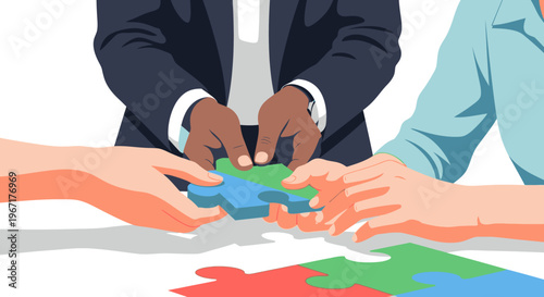 Collaboration and teamwork concept with diverse hands assembling puzzle pieces